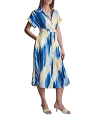 DKNY by Donna Karan Printed Supple Satin Point Collar Short Sleeve Button Front Midi Shirt Dress