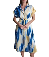 DKNY by Donna Karan Printed Supple Satin Point Collar Short Sleeve Button Front Midi Shirt Dress