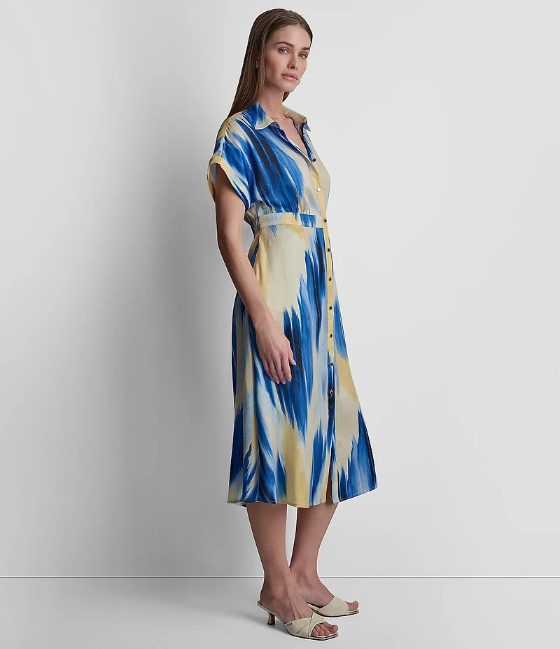 DKNY by Donna Karan Printed Supple Satin Point Collar Short Sleeve Button Front Midi Shirt Dress