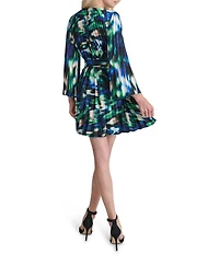 DKNY by Donna Karan Printed Woven Crew Neck Long Sleeve Belted Pleated A-Line Dress