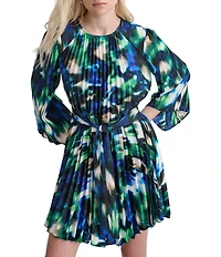 DKNY by Donna Karan Printed Woven Crew Neck Long Sleeve Belted Pleated A-Line Dress