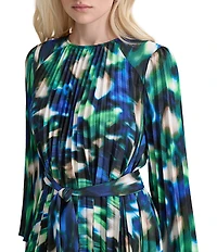 DKNY by Donna Karan Printed Woven Crew Neck Long Sleeve Belted Pleated A-Line Dress
