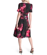 DKNY by Donna Karan Printed Woven Crew Neck Short Godet Sleeve Belted A-Line Dress