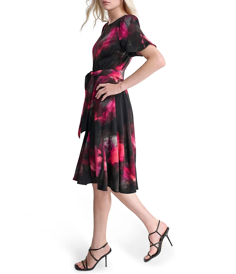DKNY by Donna Karan Printed Woven Crew Neck Short Godet Sleeve Belted A-Line Dress