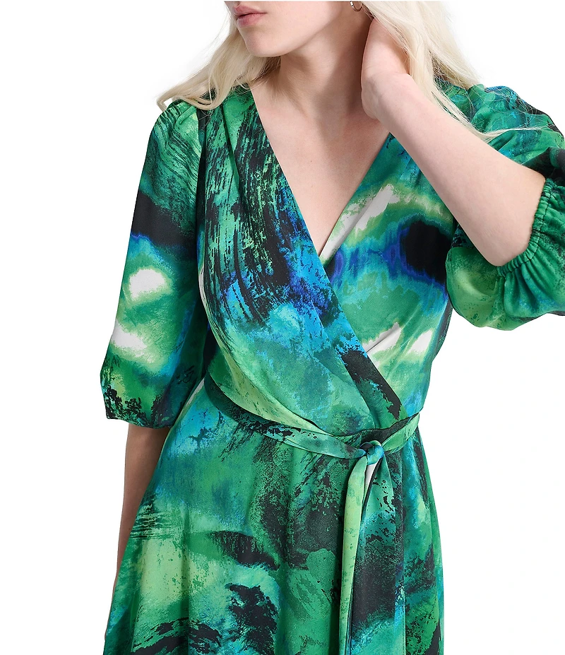DKNY by Donna Karan Printed Woven Surplice V-Neck Balloon Sleeve Belted Faux Wrap Midi Dress