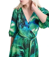 DKNY by Donna Karan Printed Woven Surplice V-Neck Balloon Sleeve Belted Faux Wrap Midi Dress