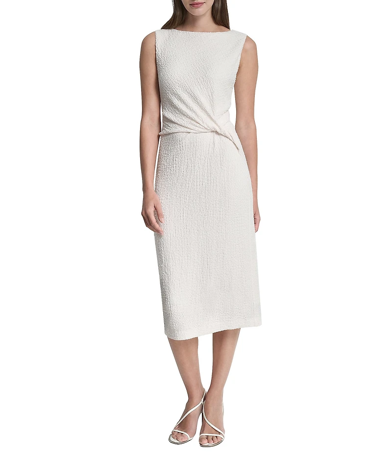 DKNY By Donna Karan Pucker Knit Sleeveless Boat Neck Midi Sheath Dress