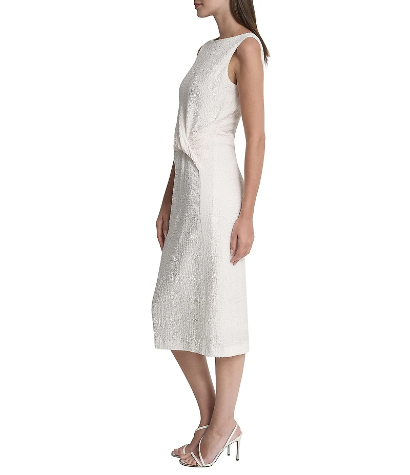 DKNY By Donna Karan Pucker Knit Sleeveless Boat Neck Midi Sheath Dress