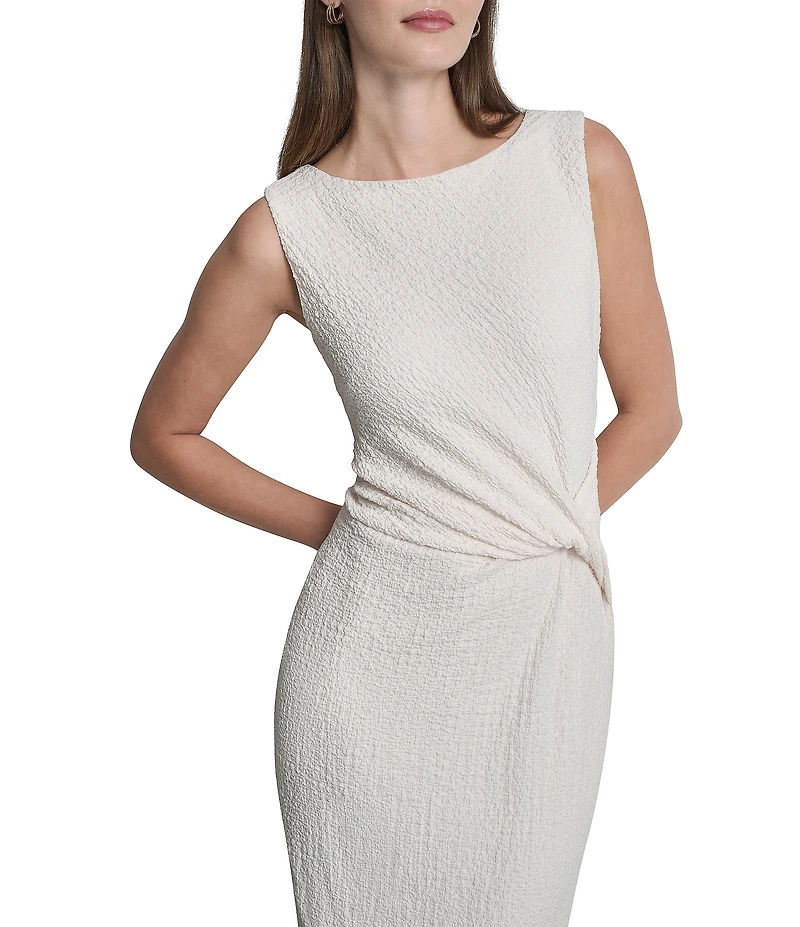 DKNY By Donna Karan Pucker Knit Sleeveless Boat Neck Midi Sheath Dress