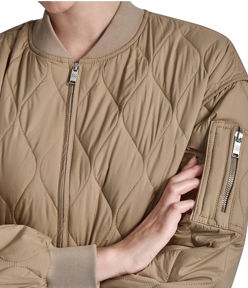 DKNY by Donna Karan Quilted Bomber Ribbed Collar Long Sleeve Zip Front Jacket