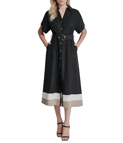 DKNY By Donna Karan Relaxed Linen Color Block Midi Shirtdress
