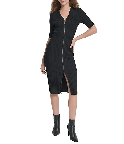 DKNY by Donna Karan Ribbed Knit V-Neck Short Sleeve Zip Front Midi Sheath Dress