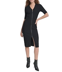 DKNY by Donna Karan Ribbed Knit V-Neck Short Sleeve Zip Front Midi Sheath Dress