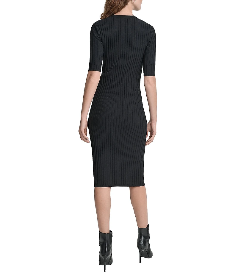 DKNY by Donna Karan Ribbed Knit V-Neck Short Sleeve Zip Front Midi Sheath Dress