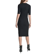DKNY by Donna Karan Ribbed Knit V-Neck Short Sleeve Zip Front Midi Sheath Dress