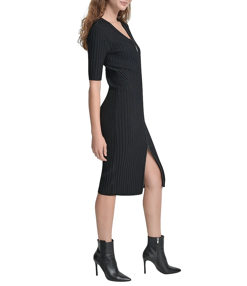 DKNY by Donna Karan Ribbed Knit V-Neck Short Sleeve Zip Front Midi Sheath Dress