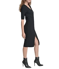 DKNY by Donna Karan Ribbed Knit V-Neck Short Sleeve Zip Front Midi Sheath Dress