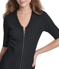 DKNY by Donna Karan Ribbed Knit V-Neck Short Sleeve Zip Front Midi Sheath Dress