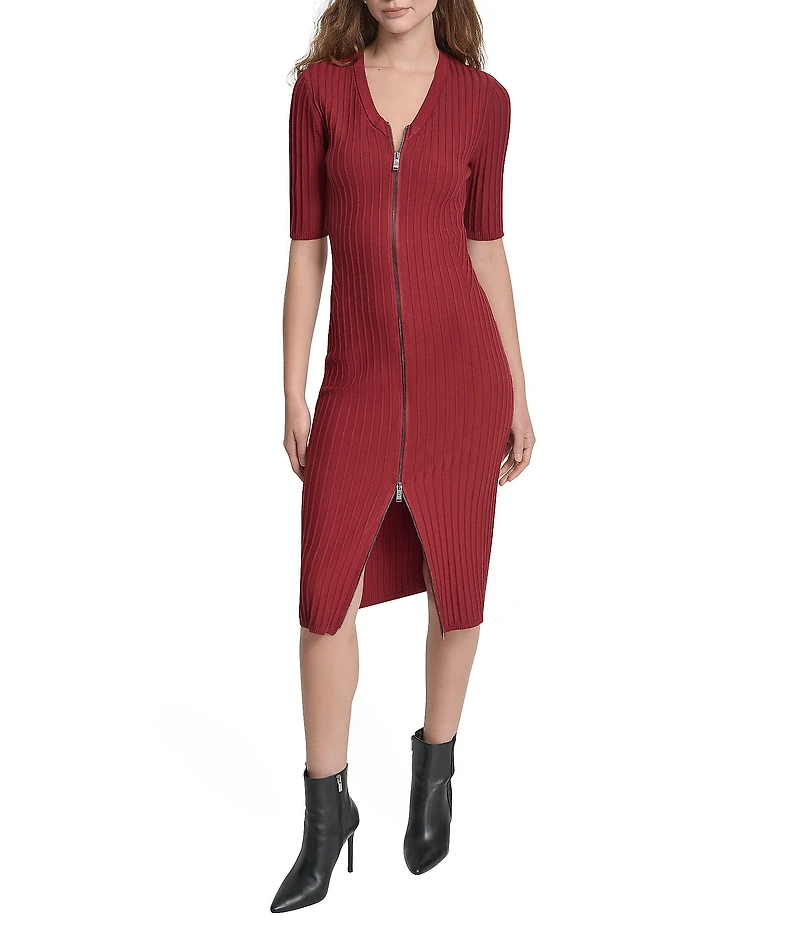 DKNY by Donna Karan Ribbed Knit V-Neck Short Sleeve Zip Front Midi Sheath Dress