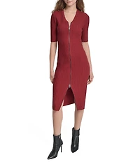DKNY by Donna Karan Ribbed Knit V-Neck Short Sleeve Zip Front Midi Sheath Dress