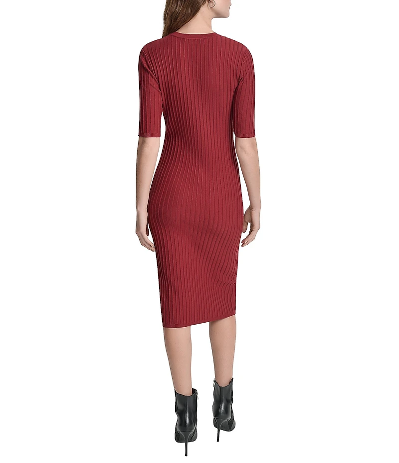 DKNY by Donna Karan Ribbed Knit V-Neck Short Sleeve Zip Front Midi Sheath Dress