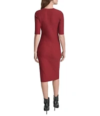 DKNY by Donna Karan Ribbed Knit V-Neck Short Sleeve Zip Front Midi Sheath Dress