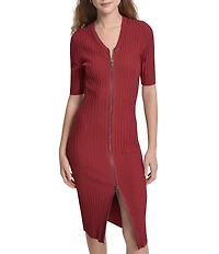 DKNY by Donna Karan Ribbed Knit V-Neck Short Sleeve Zip Front Midi Sheath Dress