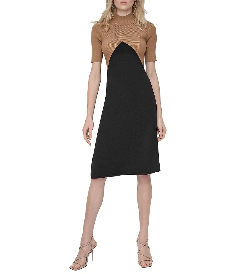 DKNY By Donna Karan Ribbed Sweater Knit Color Block Mock Neck Short Sleeve Dress