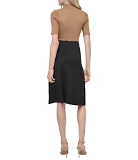 DKNY By Donna Karan Ribbed Sweater Knit Color Block Mock Neck Short Sleeve Dress
