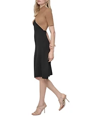 DKNY By Donna Karan Ribbed Sweater Knit Color Block Mock Neck Short Sleeve Dress