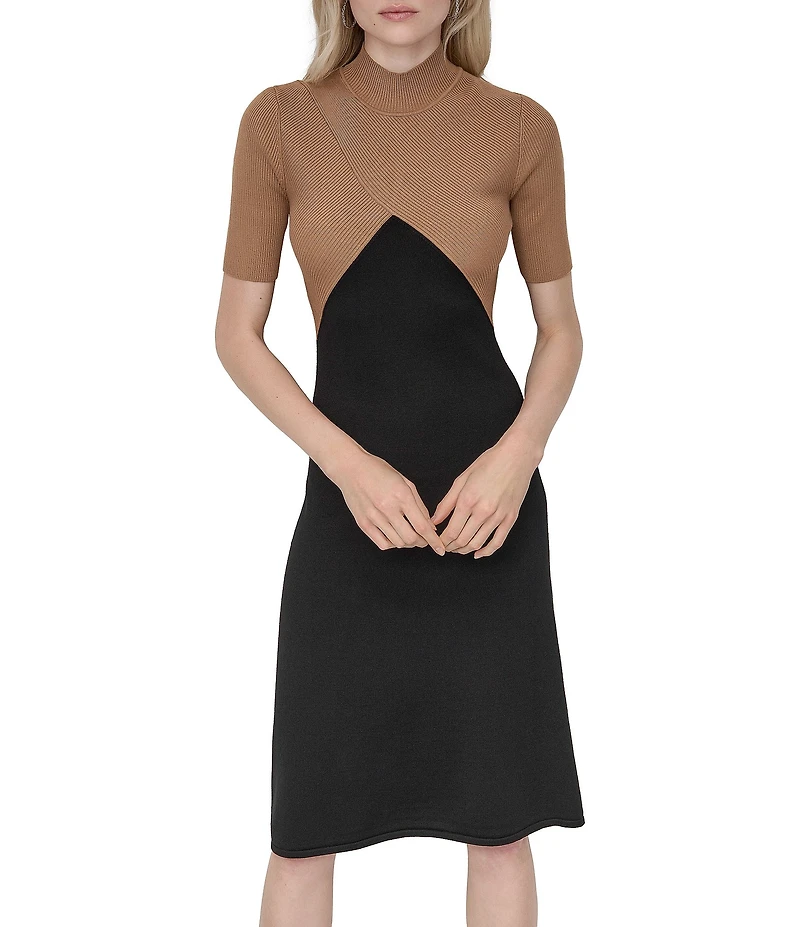 DKNY By Donna Karan Ribbed Sweater Knit Color Block Mock Neck Short Sleeve Dress
