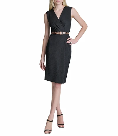 DKNY By Donna Karan Ripple Knit Sleeveless V Neck Faux Wrap Dress