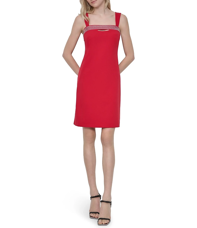 DKNY by Donna Karan Salon Stretch Embellished Square Keyhole Neck Sleeveless Sheath Dress