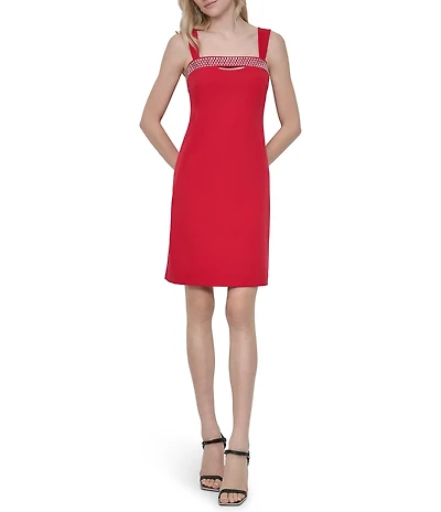 DKNY by Donna Karan Salon Stretch Embellished Square Keyhole Neck Sleeveless Sheath Dress