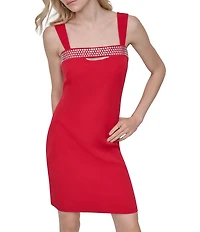 DKNY by Donna Karan Salon Stretch Embellished Square Keyhole Neck Sleeveless Sheath Dress