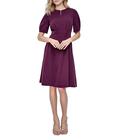 DKNY by Donna Karan Salon Stretch Short Sleeve Pleated Waist Fit And Flare Dress