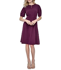 DKNY by Donna Karan Salon Stretch Short Sleeve Pleated Waist Fit And Flare Dress