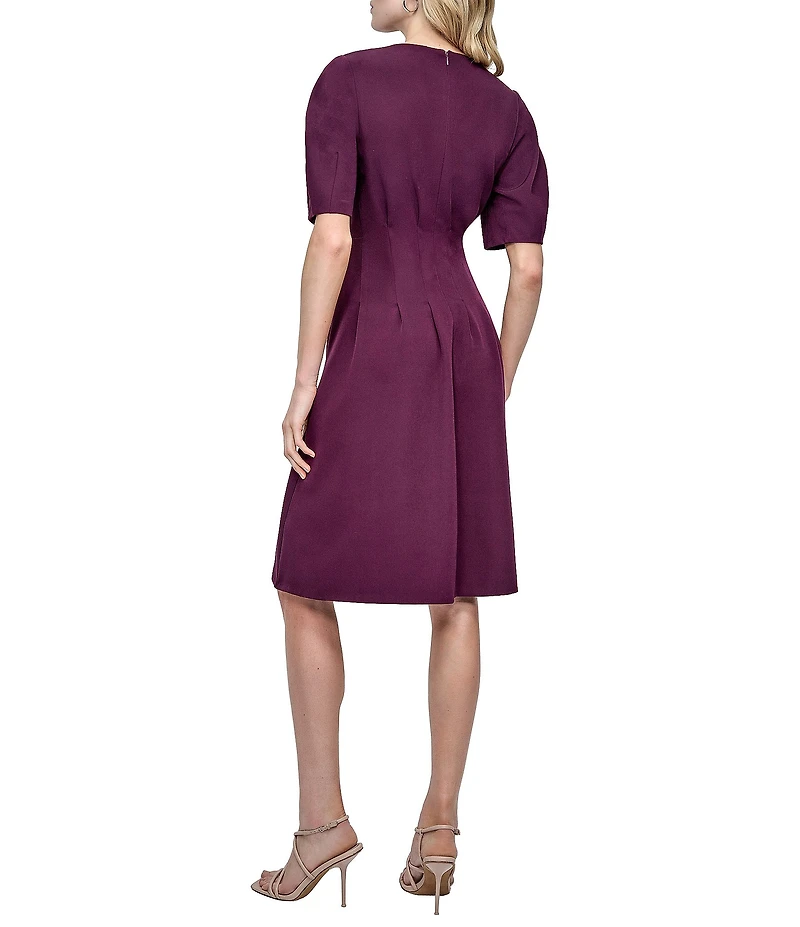 DKNY by Donna Karan Salon Stretch Short Sleeve Pleated Waist Fit And Flare Dress