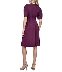 DKNY by Donna Karan Salon Stretch Short Sleeve Pleated Waist Fit And Flare Dress