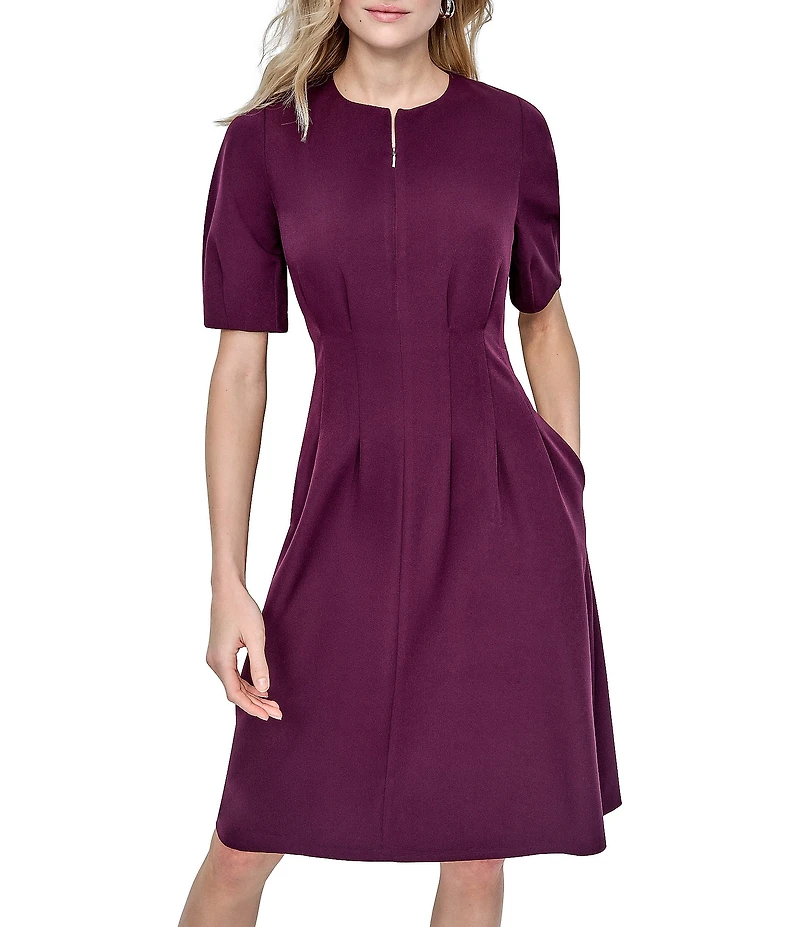 DKNY by Donna Karan Salon Stretch Short Sleeve Pleated Waist Fit And Flare Dress