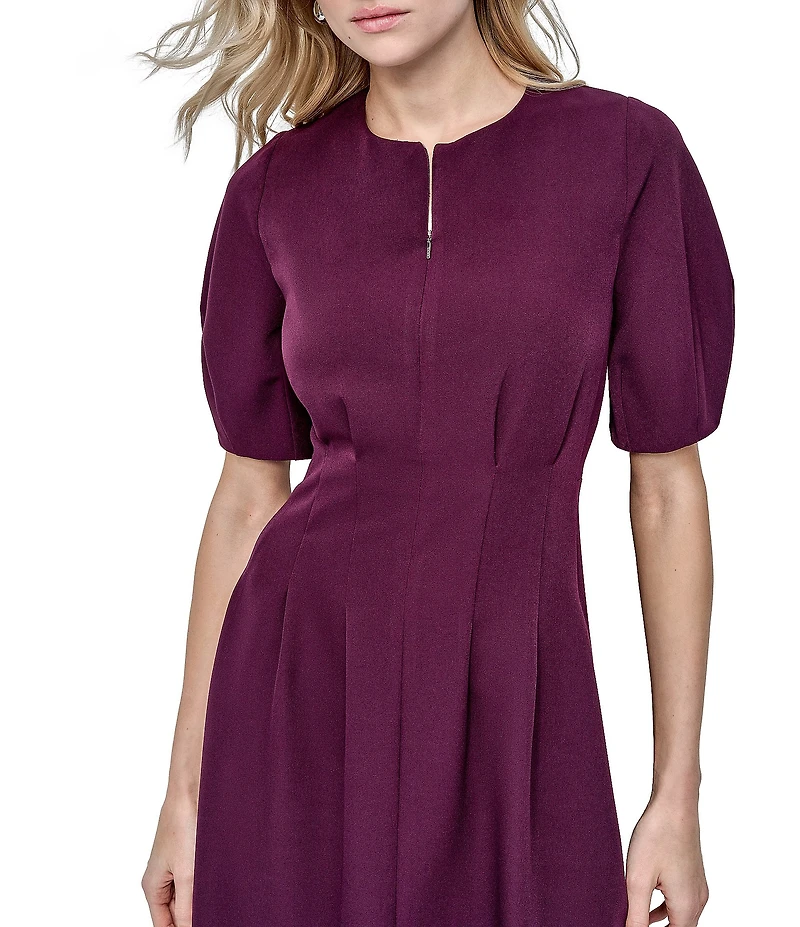 DKNY by Donna Karan Salon Stretch Short Sleeve Pleated Waist Fit And Flare Dress