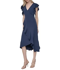 DKNY by Donna Karan Salon Stretch Surplice Neck Ruffle Cap Sleeve Ruffle Hem Fit And Flare Midi Dress