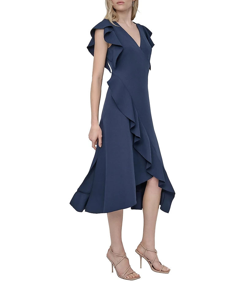 DKNY by Donna Karan Salon Stretch Surplice Neck Ruffle Cap Sleeve Ruffle Hem Fit And Flare Midi Dress
