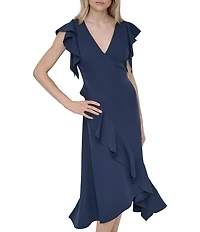 DKNY by Donna Karan Salon Stretch Surplice Neck Ruffle Cap Sleeve Ruffle Hem Fit And Flare Midi Dress