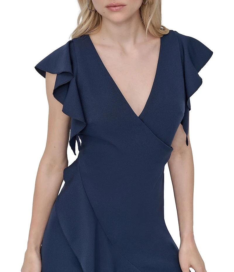 DKNY by Donna Karan Salon Stretch Surplice Neck Ruffle Cap Sleeve Ruffle Hem Fit And Flare Midi Dress
