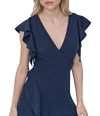 DKNY by Donna Karan Salon Stretch Surplice Neck Ruffle Cap Sleeve Ruffle Hem Fit And Flare Midi Dress