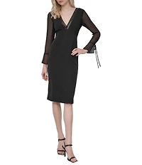 DKNY by Donna Karan Salon Stretch V-Neck Sheer Long Sleeve Tie Cuff Sheath Dress