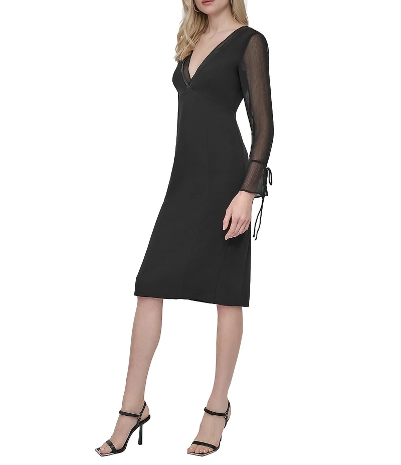 DKNY by Donna Karan Salon Stretch V-Neck Sheer Long Sleeve Tie Cuff Sheath Dress