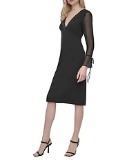 DKNY by Donna Karan Salon Stretch V-Neck Sheer Long Sleeve Tie Cuff Sheath Dress