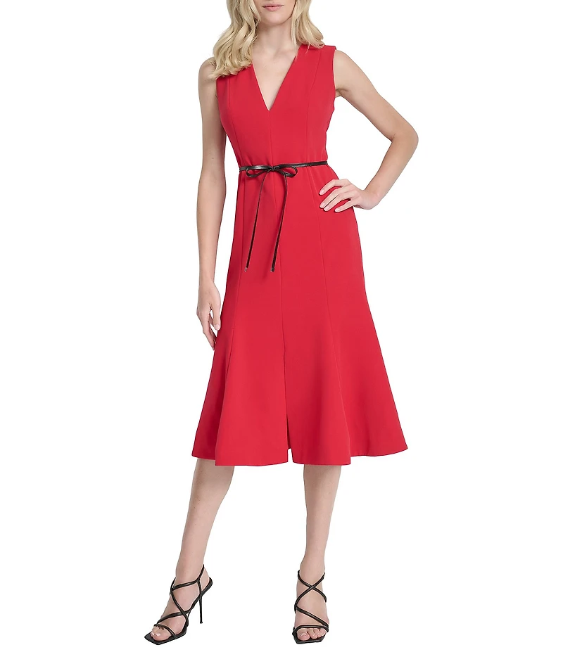 DKNY by Donna Karan Salon Stretch V-Neck Sleeveless Belted Fit And Flare Midi Dress